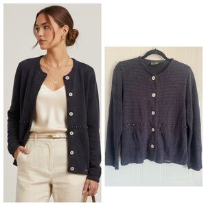 Dark Blue Austrian Knit Cardigan US 8 Shell Buttons Beaded Waist Vintage